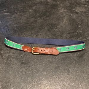 Men Three Dories green blue cloth brown leather brass buckle belt size S